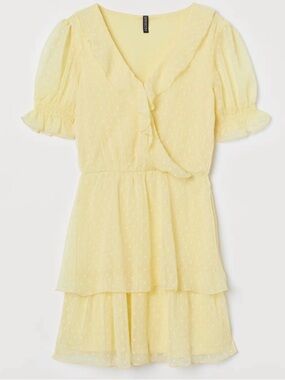 H&M DIVIDED Yellow Ruffle Tiered Wrap Dress SIZE S